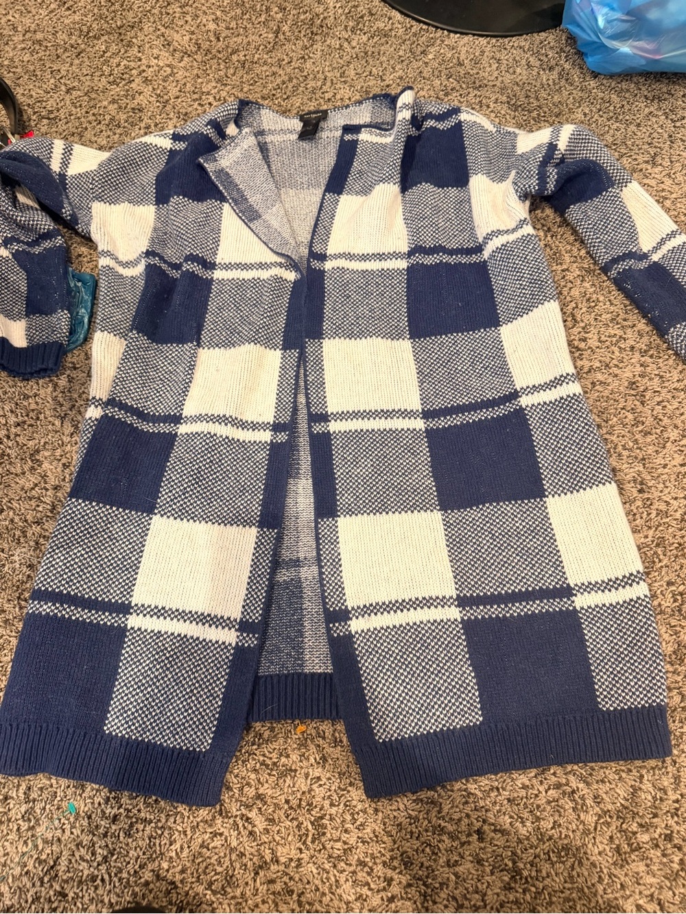 Ann Taylor Navy and White Plaid Open-Front Cardigan